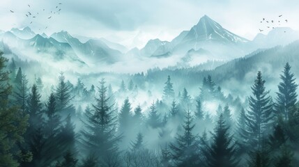Fototapeta premium Mountains landscape with fog and forest. Background illustration generated by ai
