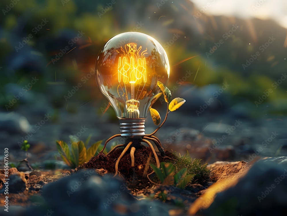 Poster light bulb with roots growing into ground symbolizing deep seated ideas and foundations