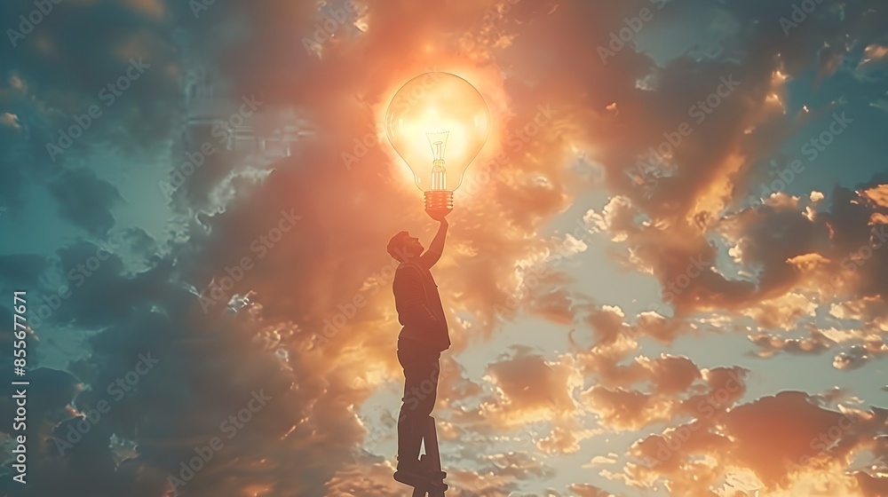 Poster man on ladder reaching for glowing bulb in sky representing the pursuit of lofty ideas and