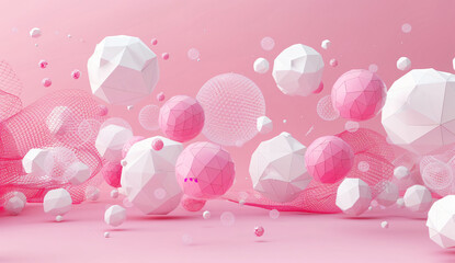 Abstract background with pink spheres and low poly geometric shapes, concept of creativity or innovation in design