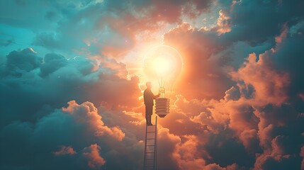 Fototapeta premium Person Reaching for Lofty Ideas and from a Ladder in the Sky