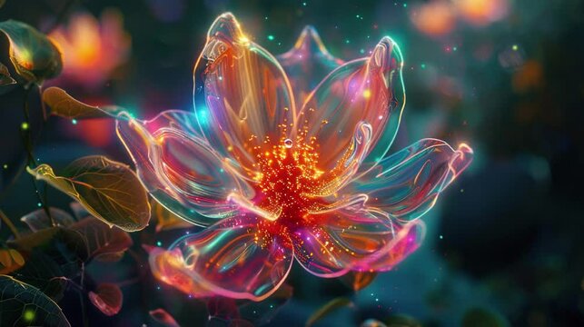Video of beautiful flower made of glass with glowing effect and lighting. 