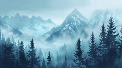 Mountains landscape with fog and forest. Background illustration generated by ai