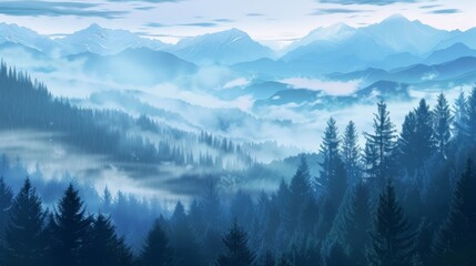 Naklejka premium Mountains landscape with fog and forest. Background illustration generated by ai