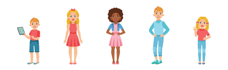 Boy and Girl Kid Character in Standing Pose with Smiling Face Vector Set