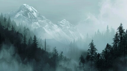 Mountains landscape with fog and forest. Background illustration generated by ai