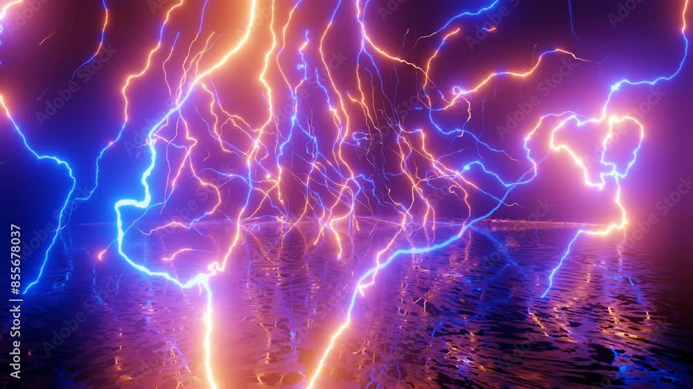 Aufkleber neon design of wall pattern of neon blue red lightning. 4k video with various neon elements and a re