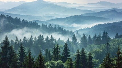 Mountains landscape with fog and forest. Background illustration generated by ai