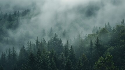 Mountains landscape with fog and forest. Background illustration generated by ai