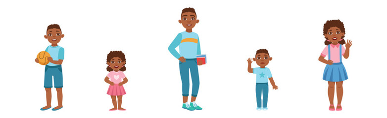 Boy and Girl Kid Character in Standing Pose with Smiling Face Vector Set