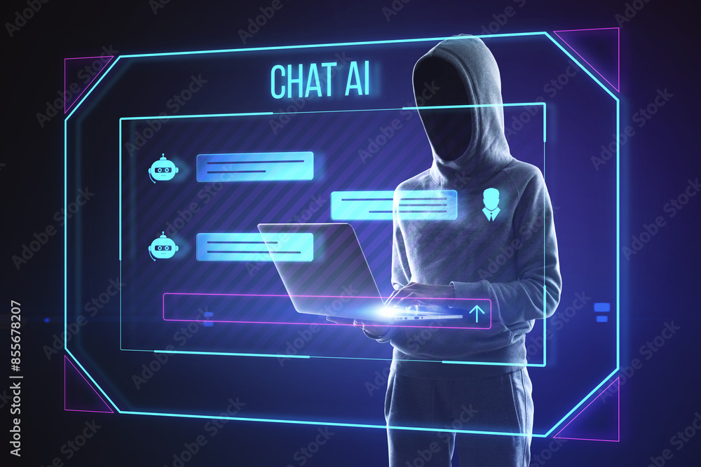 Aufkleber Hacker using laptop with creative ai chat hologram on blurry background. Chat GPT and communication bot concept.
