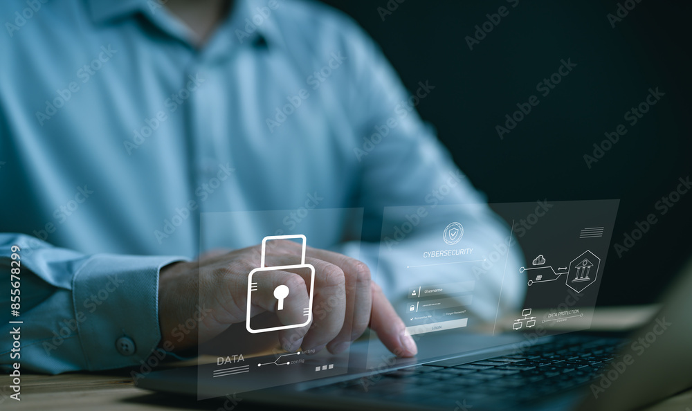 Poster user login to computer by username and password, cyber security concept, information security and en
