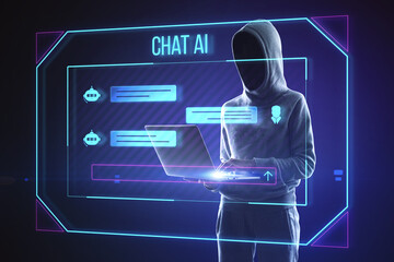 Hacker using laptop with creative ai chat hologram on blurry background. Chat GPT and communication bot concept. © Who is Danny