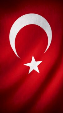 Turkey waving flag close up. Media. National 3d Turkish flag colorful rippling texture. Vertical video.