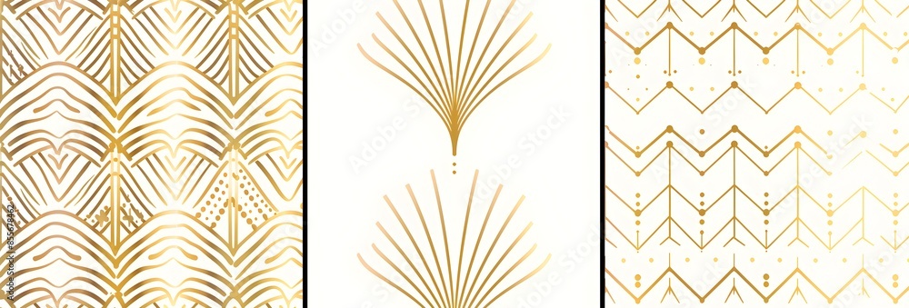 Poster Set of three seamless patterns in white, black and gold with minimalist line art designs of geometric shapes and lines
