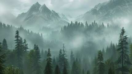Mountains landscape with fog and forest. Background illustration generated by ai