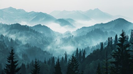 Mountains landscape with fog and forest. Background illustration generated by ai