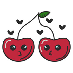 Cartoon illustration of a cute fresh kawaii hand drawn red cherries with green leaf and hearts symbolizing love and unity