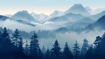 Obraz premium Mountains landscape with fog and forest. Background illustration generated by ai