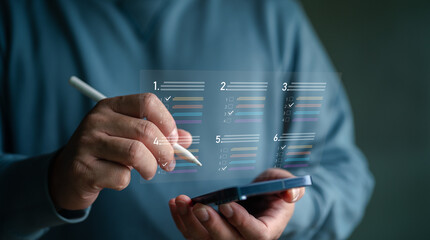 businessman Take an assessment, questionnaire, evaluation, online survey online exam Choosing the right answer in the exam, filling out an online survey form. Answer the test questions.