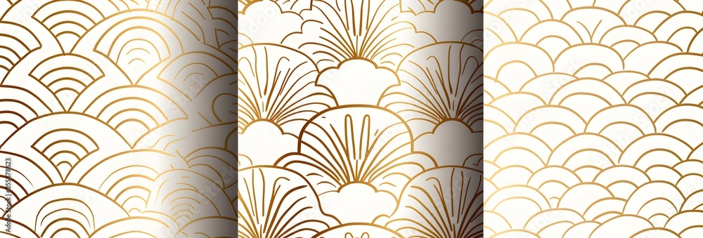 Poster set of three seamless patterns in white, black and gold with minimalist line art designs of geometri