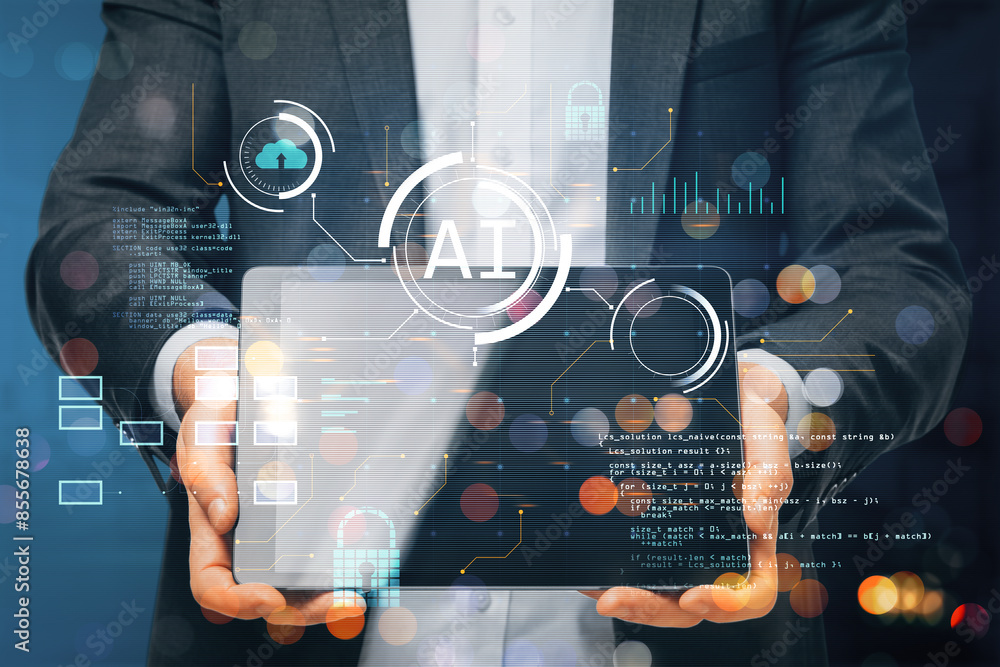 Poster Close up of male hands holding tablet with glowing blurry ai hologram with binary coding on blurry background. Artificial intelligence, technology and programming concept.
