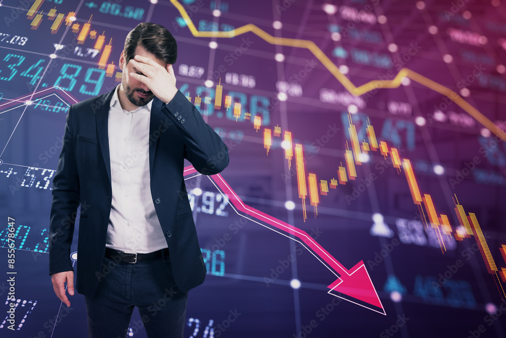 Poster stressed young european businessman with glowing falling forex chart and index grid on blurry backgr