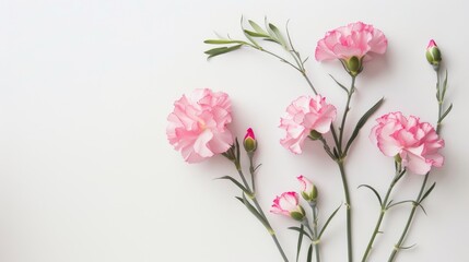 Pink carnations on white background with space for text