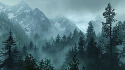 Mountains landscape with fog and forest. Background illustration generated by ai
