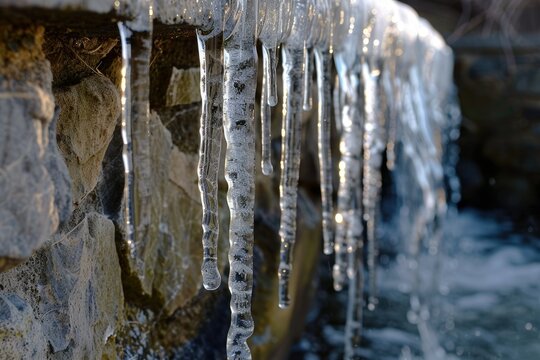 This image shows icicles hanging from the side of a waterfall, emphasizing the beauty of winter and the wonder of nature. This image is suitable for content related to nature, winter, landscapes, and 