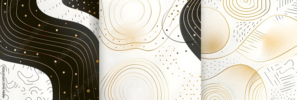 Poster set of three seamless patterns in white, black and gold with minimalist line art designs of geometri