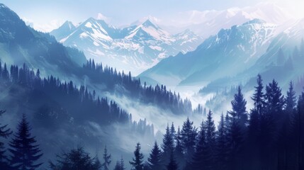 Fototapeta premium Mountains landscape with fog and forest. Background illustration generated by ai
