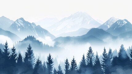 Mountains landscape with fog and forest. Background illustration generated by ai