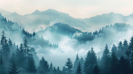 Fototapeta premium Mountains landscape with fog and forest. Background illustration generated by ai
