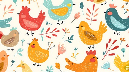 Colorful seamless pattern of smiling chickens, geese, and birds in a playful clip art style, perfect for children's products and cheerful designs