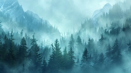 Mountains landscape with fog and forest. Background illustration generated by ai