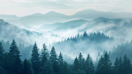 Fototapeta premium Mountains landscape with fog and forest. Background illustration generated by ai