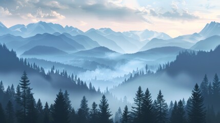 Mountains landscape with fog and forest. Background illustration generated by ai