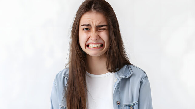 Girl cringe as seeing something embarrassing and bothering. Woman make uncomfortable smile and squinting feeling worried and displeased, see bothering bad situation, standing white background