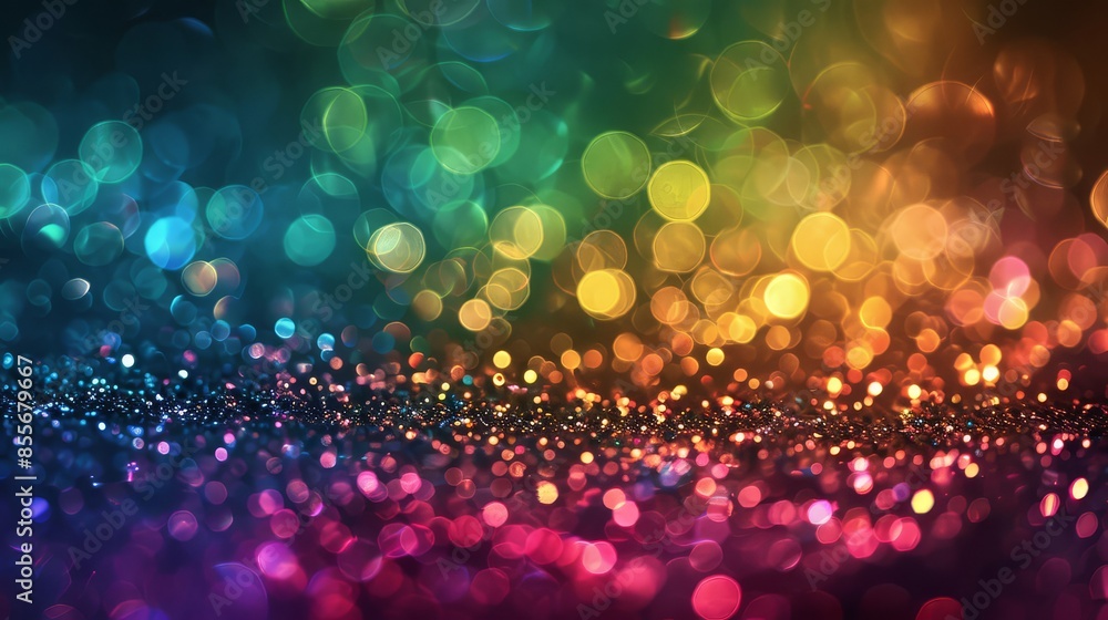Poster glittering rainbow backdrop features abstract blur of bokeh lights