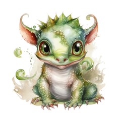 Fantasy watercolor cute baby little green dragon illustration
