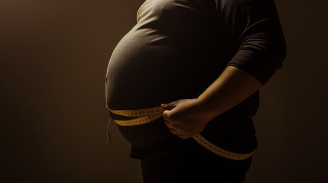 Side profile of a man with a large belly holding a tape measure around his waist, indicating concern for health.