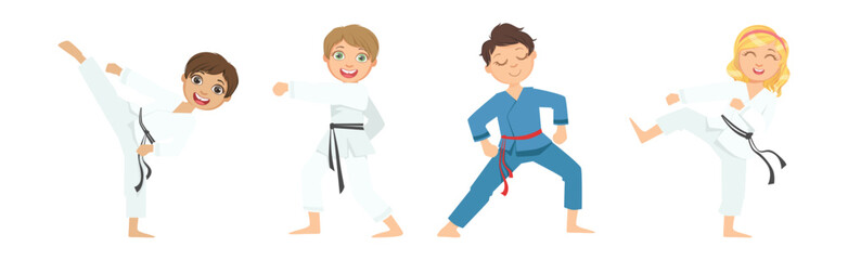 Boy and Girl Character Do Taekwondo or Judo Workout Vector Set