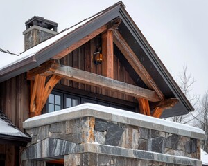 Fototapeta premium Detailed view of the exterior architecture of mountain retreat cabins, showcasing rustic charm and natural beauty