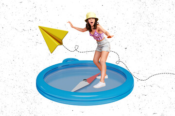 Creative photo collage young energetic girl ride compass orientation paper airplane travel guidance...
