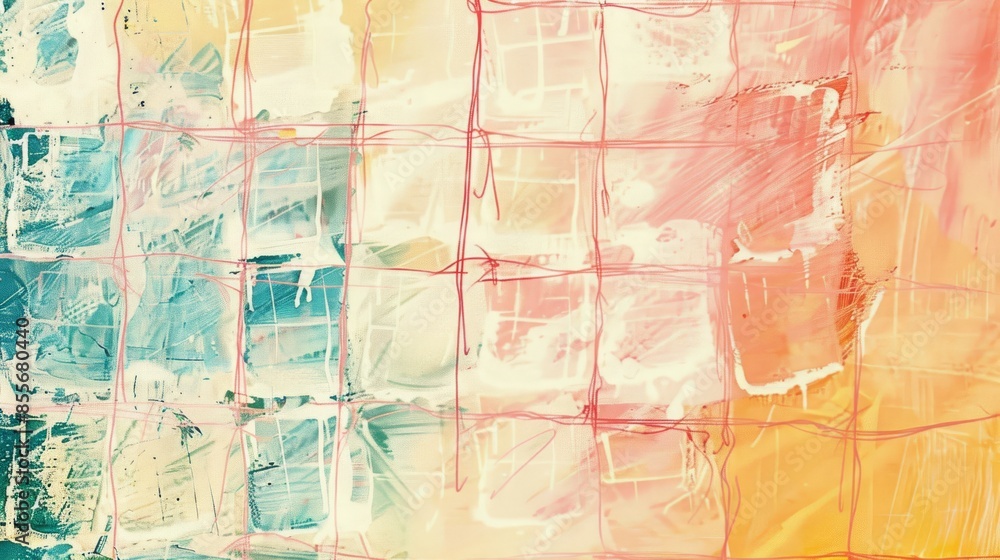 Poster abstract art featuring a colorful grid overlay with soft brushstrokes in teal, pink, and yellow, cre
