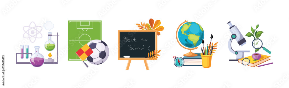 Poster back to school item and object composition vector set