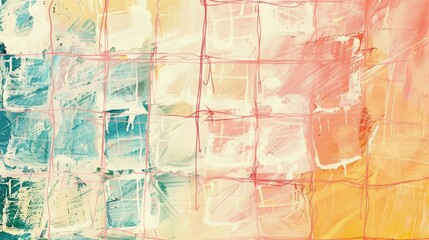 Abstract art featuring a colorful grid overlay with soft brushstrokes in teal, pink, and yellow, creating a dynamic visual effect.