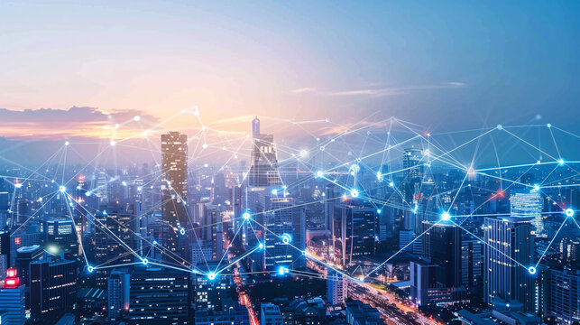 Futuristic skyline with interconnected buildings sharing energy through smart grids