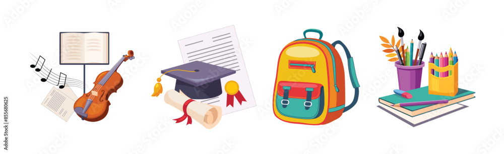 Poster back to school item and object composition vector set